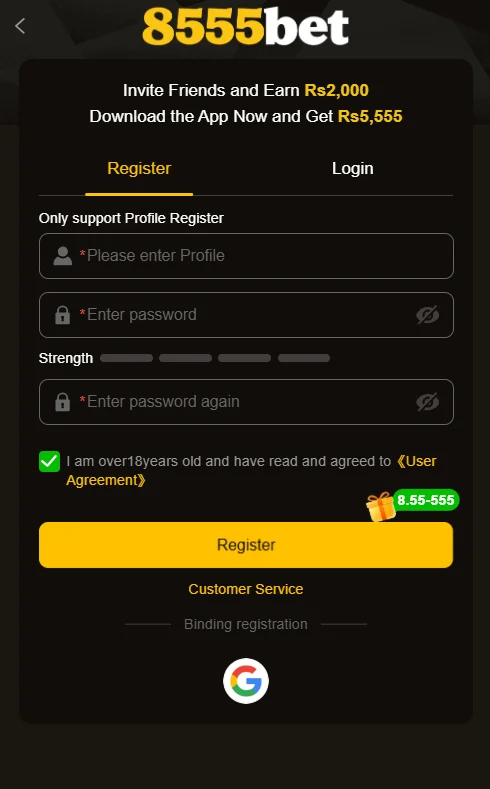 8555Bet Game registration login screen