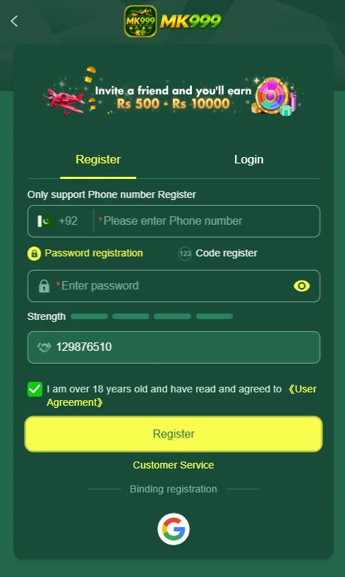 MK999 Game Registration Image for Pakistan users